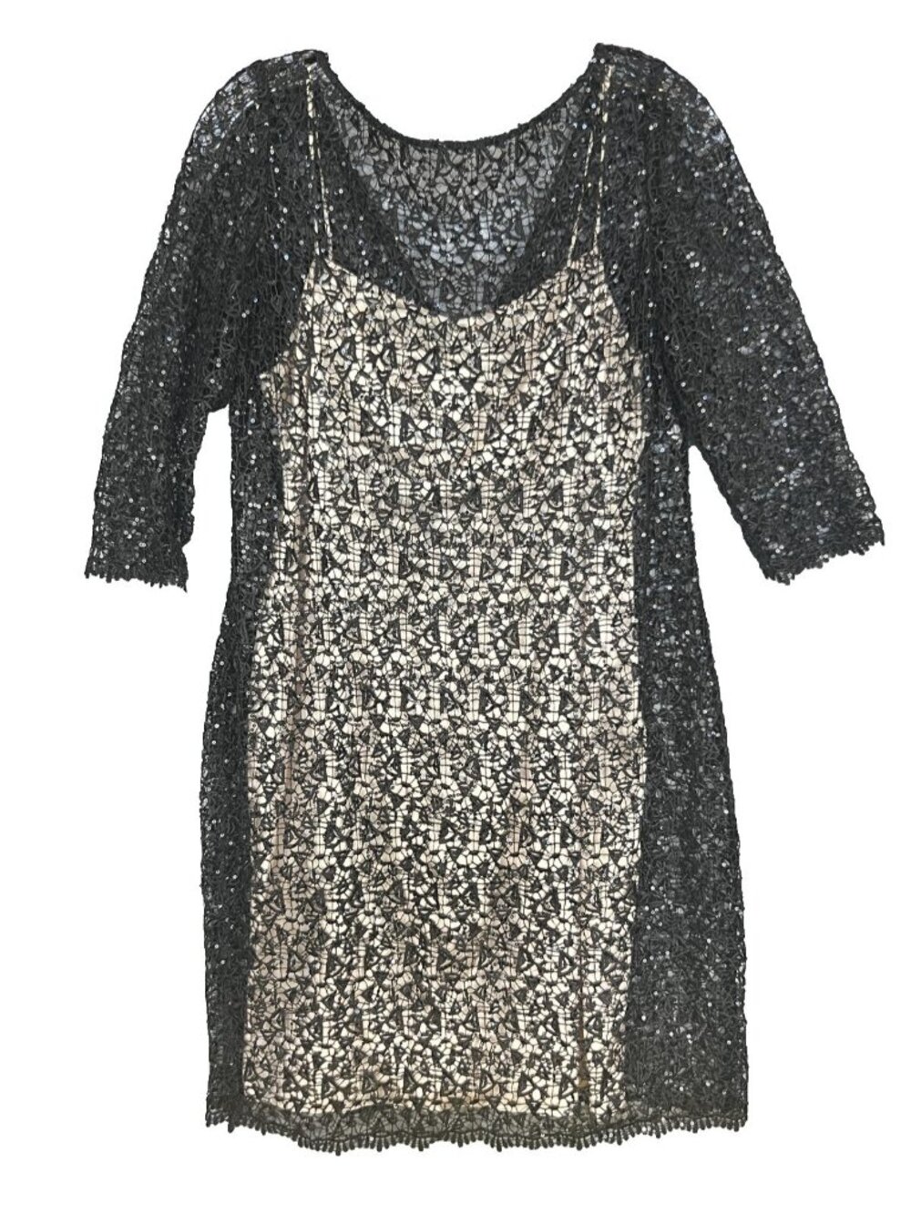 Black Lace Nude Lined Cocktail Party Dress Sheath Evening Semi Formal Elegant M